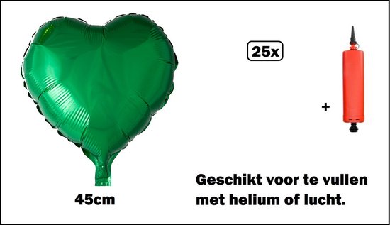 25x Folieballon Hart groen (45 cm) incl. ballonpomp - trouwen huwelijk bruid hartjes ballon feest festival liefde white