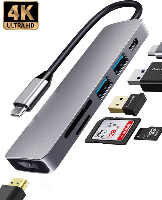 Nuvance - USB C Hub 3.0 - 6 Poorten - USB Splitter - USB C Dock - USB C naar HDMI - Micro SD Card Reader USB C - Grijs