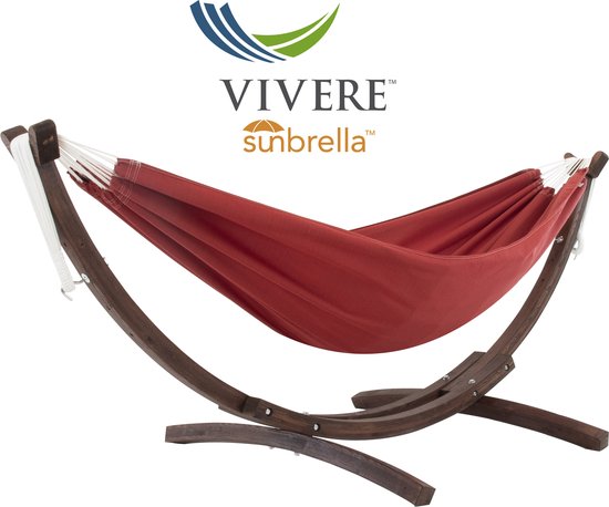 Vivere Double Sunbrelle Hangmat met Solid Pine standaard (250 CM) -  Crimson