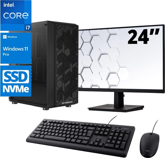 Intel Compleet PC SET | Intel Core i7 | 16 GB DDR4 | 500 GB SSD - NVMe + 24 Inch Monitor + Muis + Toetsenbord | Windows 11 Pro + WiFi & Bluetooth