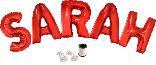Folie ballonset rood met letters SARAH 102 cm + geschenklint 10m met 4 witte strikken
