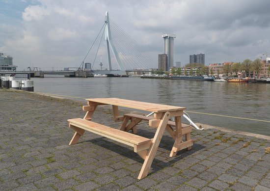 Inklapbare Picknicktafel - XL Model - Dicht Tafelblad 4,5 cm dik 3-6 personen - Metalen onderdelen van RVS -Tafel en Bank 2 in 1 - Compleet gemonteerd geleverd
