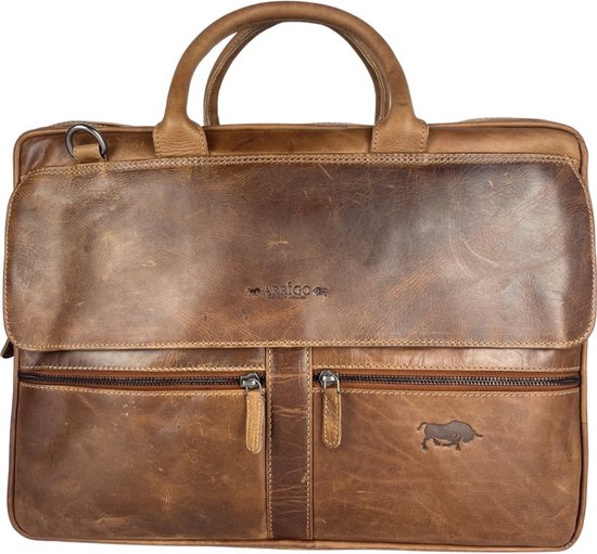 Werktas Heren - Lichtbruin Leer – Laptoptas Dames Schoudertas – Cognac – Handtas - 17 Inch laptop