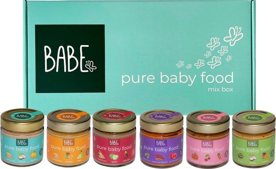 Babe mix box – 6 smaken - biologische culinaire babyhapjes vanaf 8 tot 36 maanden - 6x200 gram babyvoeding- Winnaar Baby Innovation Award 2022 – Beste babyvoeding 2022