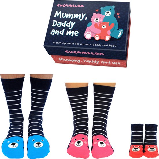 Cadeaudoosje met papa mama baby sokken - Mummy daddy and me - kraamcadeau - geschenk babyshower