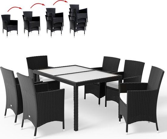Casaria Polyrattan Tuinset – 6 Stoelen & Tafel 150x90cm – Zwart