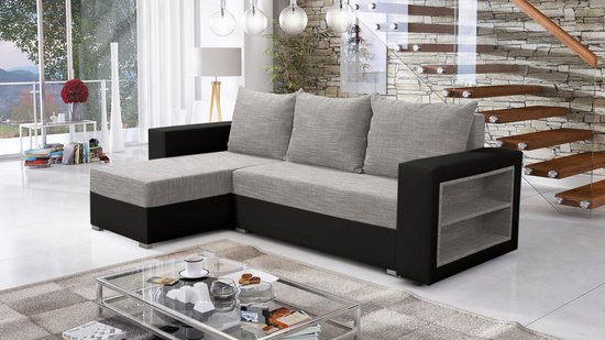 Hoekbank Alexandra met slaapfunctie en opbergruimte - zwart grijs - Hoeksalon met bed en opbergruimte - Universele lounge links of rechts - zitbanken promo zetelsenbedden