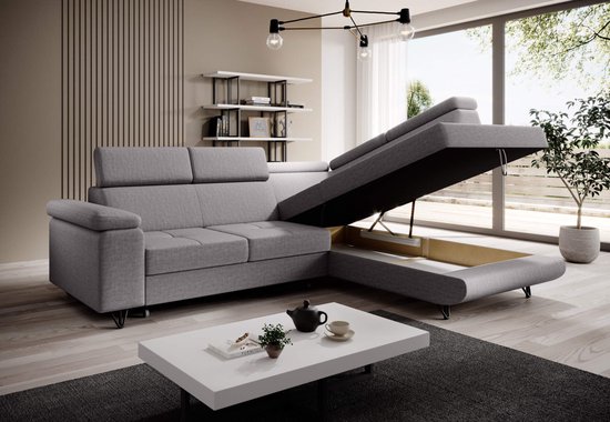 Hoekbank Grijs stof - Met bed en opbergruimte - Lounge ( longchair ) Rechts - Hoeksalon slaapfunctie en opberging - zetelsenbedden