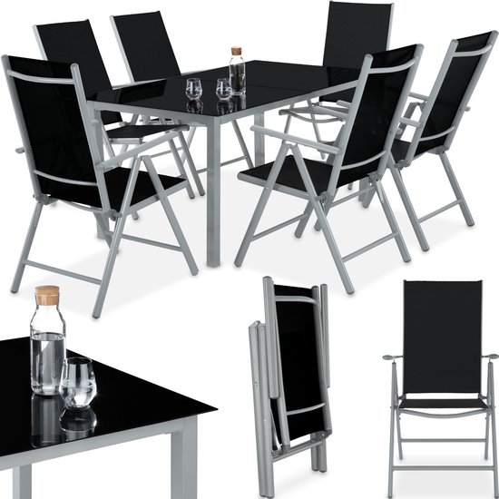 tectake tuinset 6+1, aluminium frame 6 stoelen en 1 tafel - lichtgrijs - 402167