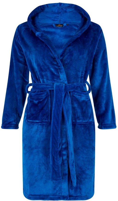 Kinderbadjas fleece - capuchon badjas kind - kobalt blauw - ochtendjas flanel fleece - maat 122/128