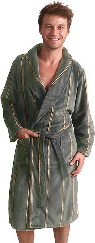 Groene badjas heren - strepen - fleece badjas - kamerjas - warme badjas - zacht - cadeau voor hem - maat S