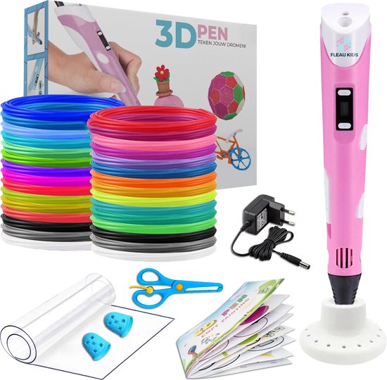 Fleau Kids 3D Pen Starterspakket Roze XXL - 150m Filament - 30 Kleuren Vullingen + Vingerbeschermers + Voorbeelden + Penhouder + Oplader - Knutselen en Tekenen