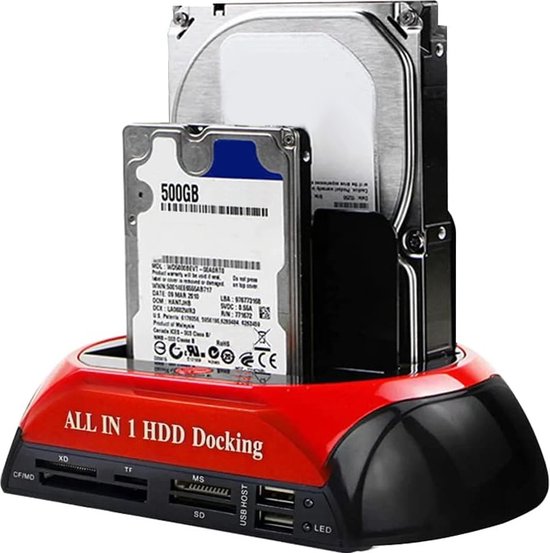 All-In-One HDD Docking Station + Kaartlezer - USB 2.0 - HDD/SSD 2.5/3.5 - IDE/Sata/Esata - Zwart