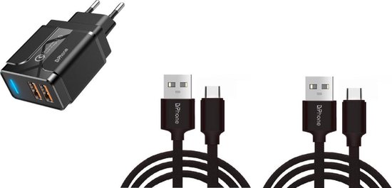 DrPhone PS-Y - 2x 2 Meter Kabel - USB-C - Oplaadkabel – 18W Dubbele Qualcom 3.0 Quick Charge - Adapter - Snel Lader – Zwart