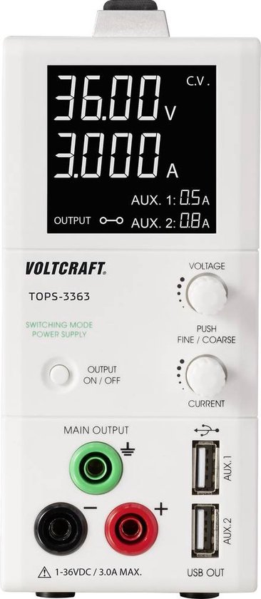 VOLTCRAFT TOPS-3363 Labvoeding, regelbaar 1 - 36 V/DC 0.25 - 3 A 100 W Smal model Aantal uitgangen 3 x