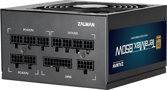 Zalman ZM850-TMX TeraMax 80 PLUS GOLD PSU 850W/ Full-modular, 99.9% Active PFC/ Single rail 12V DC-to-DC Convertor/ Japanese 105?C Capacitors/ 120mm fan(Max. 2000RPM), FDB bearing/ Multiple Protection: OVP, UVP, SCP, OPP, OCP, OTP/ 7 Year Warranty