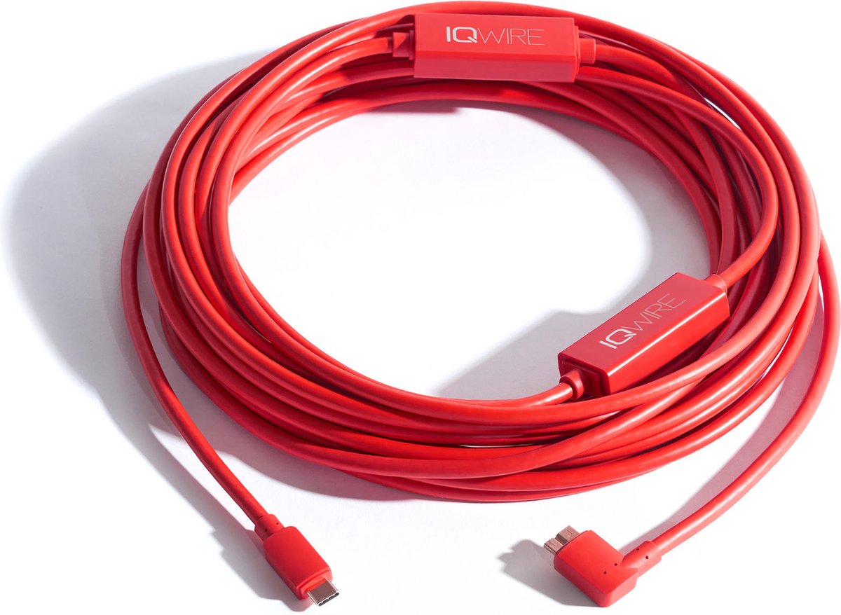 IQwire USB-C naar USB3 (Micro-B) tetherkabel, haaks, 10 m, met 2 Boosters, intelliconnect connectoren, felrood
