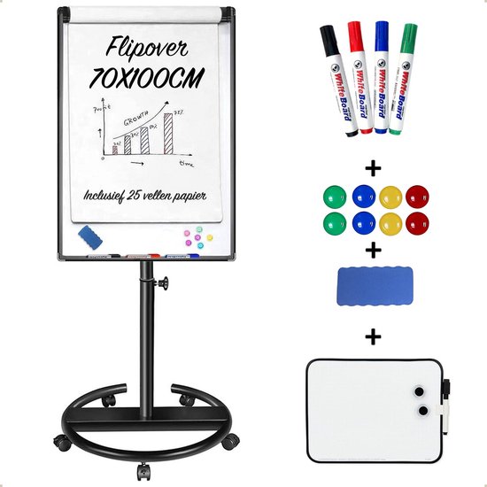 Lenx Flipover Verrijdbaar 70 x 100 cm - Inclusief Stiften, Marker, Magneten en Mini whiteboard - Magnetisch Whiteboard - Verstelbaar Bord van 172 tot 215 cm - Met Uitschuifbare Armen