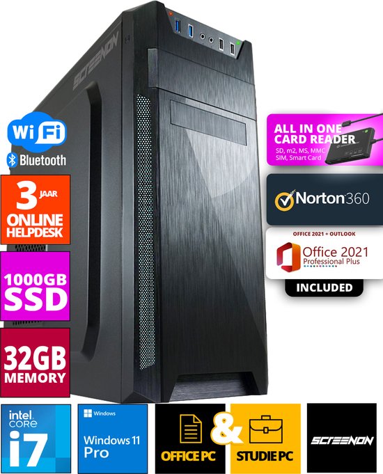 ScreenON - Intel Core i7 - 1TB M.2 SSD - 32GB RAM - RTX 3050 - Allround Office PC - Inclusief Office Professional Plus 2021, Norton 360 & USB SD Card Reader + WiFi & Bluetooth