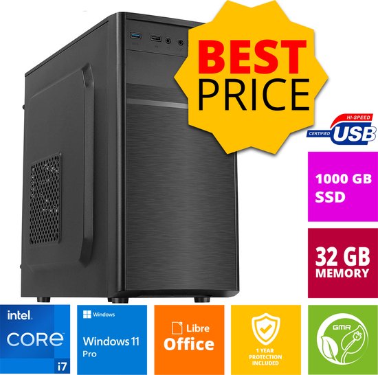 Intel Desktop PC met Core i7 - 32GB RAM - 1000GB NVMe M.2 SSD - WiFi - Bluetooth - Windows 11 Pro