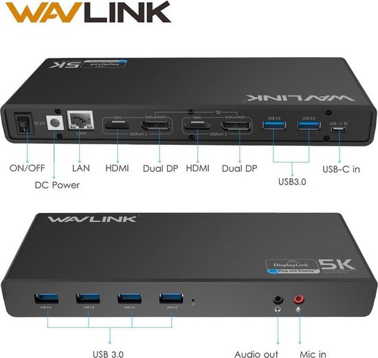 Wavlink USB-C Universal Docking Station met Dual 4K Display voor laptop of MacBook