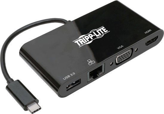 Tripp-Lite U444-06N-HV4GUB USB 3.1 Gen 1 USB-C Adapter, 4K @ 30Hz - HDMI, VGA, USB-A Hub Port and Gigabit Ethernet, Black TrippLite