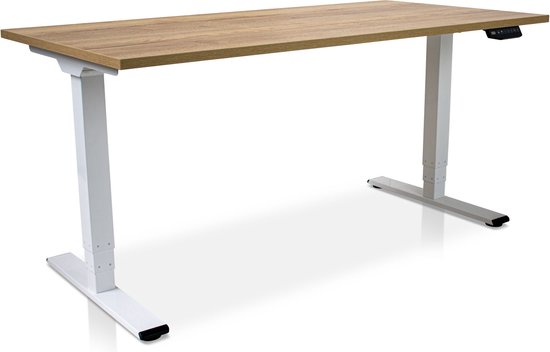 Zit-sta bureau elektrisch verstelbaar - MRC COMFORT NEN-EN 527 | 180 x 80 cm | frame wit - blad robuust eiken | 130 cm hoog | 100KG draagvermogen