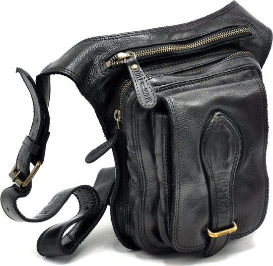 Hillburry Leren Crossbody tas Gewassen Leer - Zwart - (bxhxd) ca. 20cm x 25cm x 8cm