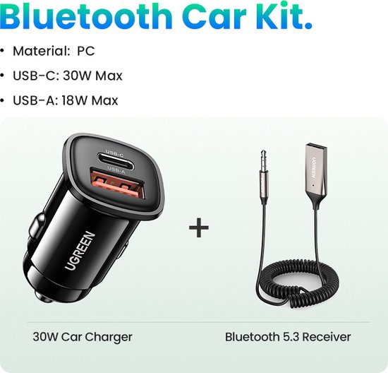 Ugreen Bluetooth 5.3 Adapter Incl. USB Autolader USB naar 3.5mm aansluiting Handsfree Aux