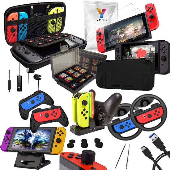 YONO Accessoires Set geschikt voor Nintendo Switch – Beschermhoes – Oplader – Standaard – Grip geschikt voor Joy-Con – Game Card Case – 20in1