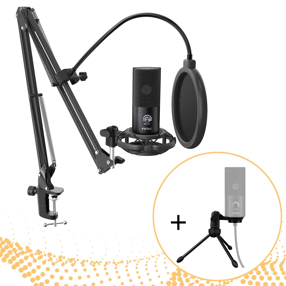 Fifine T669 - Microfoon - Condensator USB Microfoon met studio arm & driepoot statief - Podcast microfoon - Gaming - PC - Laptop – Playstation