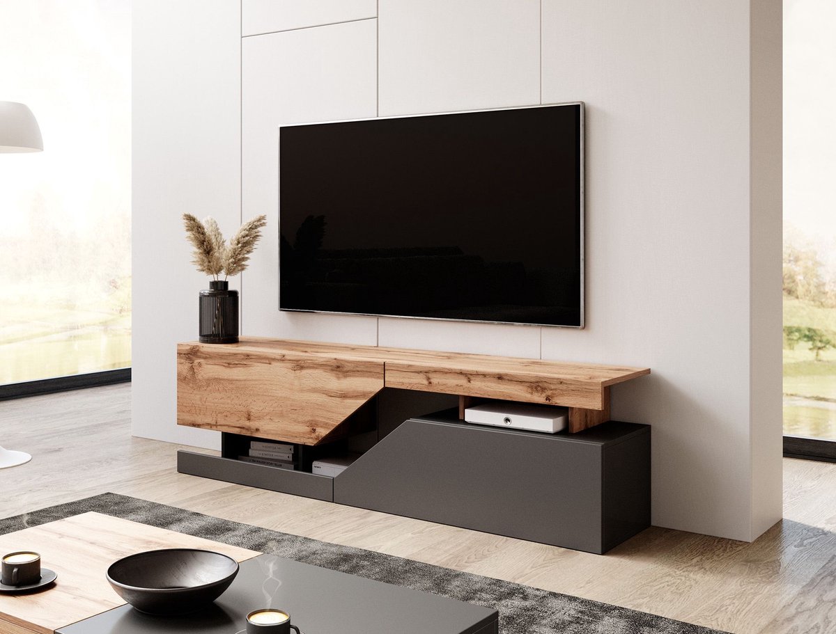 Meubella - TV-Meubel Canberra - Eiken - Antraciet - 160 cm