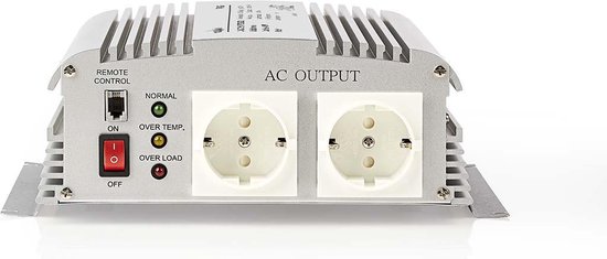 Nedis Inverter Gemodificeerde Sinusgolf - Ingangsvoltage: 24 V DC - Apparaat stroomoutput: 2 - 230 V AC 50 Hz - 1000 W - Piekvermogen: 2400 W - Type stopcontact: F (CEE 7/3) - Accuklemmen - Zilver