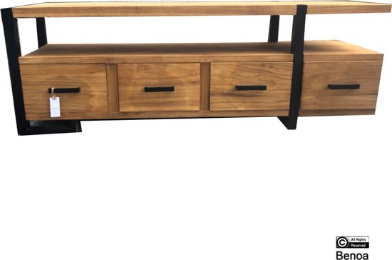 Erna 4 Laden TV Kast 150 - Tv-kast Teakhout Erna - Houten Tv meubel 150cm - Teak Houten TV-Meubel - Tv meubel met stalen poten - Tv meubel met Massief Houten Blad - Tv-meubel Teak met Lades en Open vak