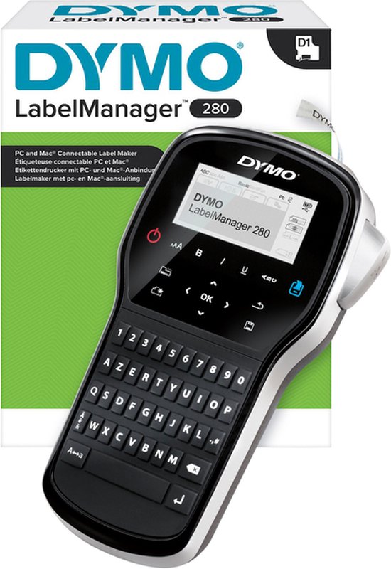 DYMO LabelManager 280-labelmaker | Oplaadbare, draagbare labelprinter met AZERTY-toetsenbord | Inclusief zwart-wit D1-labeltape (12 mm) | Voor thuis en op kantoor
