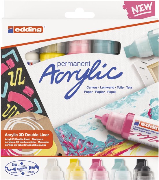 Acrylmarker 3D double liner edding e-5400 medium set van 5 kleuren basis - 20 stuks