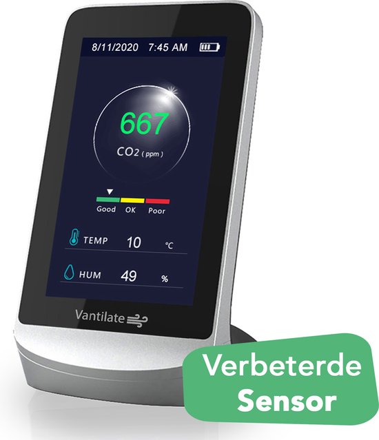 VANTILATE CO2 Meter Binnen - CO2 Meter Horeca Met Alarm - CO2 Melder NDIR Sensor - Luchtkwaliteitsmeters Monitor - Temperatuurmeter