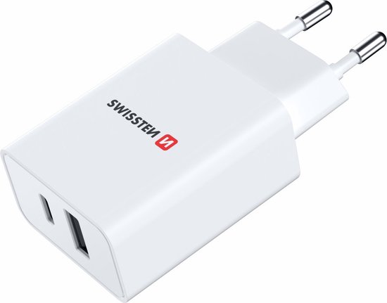 Swissten USB-C Snellader - 2 poorten - GaN technologie - USB-C & USB-A - Geschikt voor o.a Apple iPhone 7/8/SE/X/XS/XR/11/12/13/14 - Pro/Pro Max/Mini/Plus - 30W - Wit