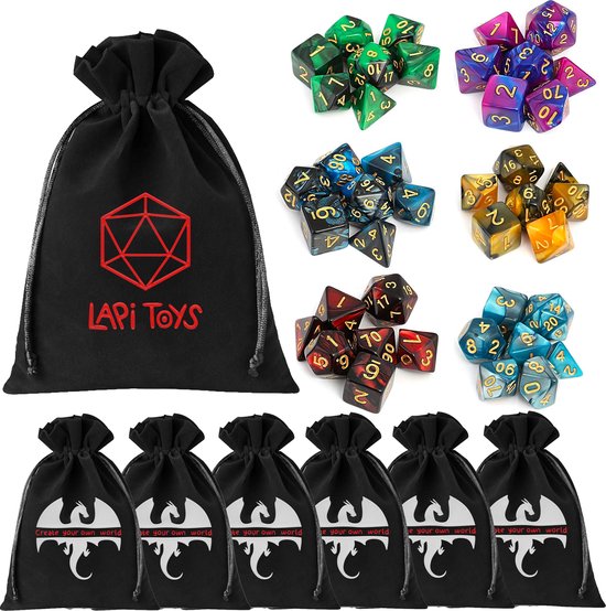 Lapi Toys - Dungeons and dragons dobbelstenen mega set - Dnd polydice - 6 sets (42 stuks) - Met d&d dice bags