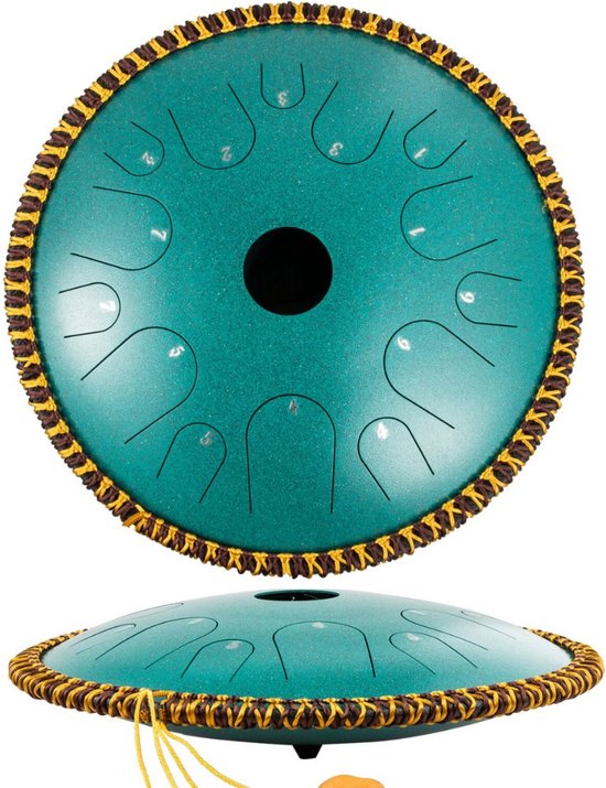 Happyment Stalen Tongdrum - Tongtrommel - Schijftrommel - Tong Drummer - Steel Tongue Drum - Klankschaal - Percussie Instrument - Handpan Drum met Accessoires - Groen - 14 Noten - 30 cm