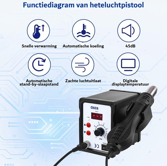 Soldeerbout - Soldeertin - Soldeerstation - Soldeerbouten - Soldeerstations - Soldeerset - 700W Heteluchtsoldeerstation, 858D met LED digitale temperatuurweergave, 3 mondstukken, 100-480°C