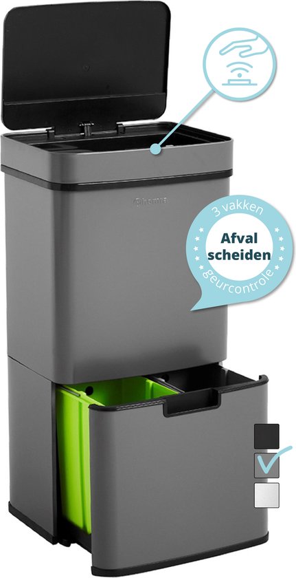 Homra Nexo Prullenbak Afvalscheiding 72 Liter - Grijze Sensor Prullenbak 3 vakken - 2x12L + 48L - Recycle Afvalbak - Vuilnisbak voor huishouden en kantoor - Vuilbak keuken Afvalemmer - Afvalscheidingsprullenbakken - Automatische Soft Close Deksel