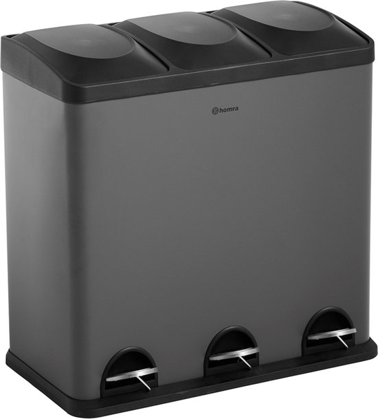 Homra Maxer Pedaalemmer 60 Liter - Grijze Prullenbak 3 vakken - Trio Prullenbak 3 X 20 Liter - Prullenbak Afvalscheiding - Vuilnisbak voor Huishouden en Kantoor - Recycle Vuilbak keuken Afvalemmer - Afvalscheidingsprullenbakken