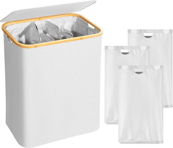 Wasmand met deksel, 160 liter, 3 zakken, wasmand kan open, kan open (beige)