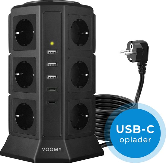 Voomy XL Stekkerdoos 2.0 met Schakelaar - 2x USB-C - 20W Snellader Iphone - 4000W - 12 Stopcontacten