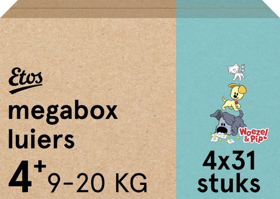 Etos Luiers - Woezel & Pip - Maat 4+ - 9 tot 20kg - Megabox - 124 stuks