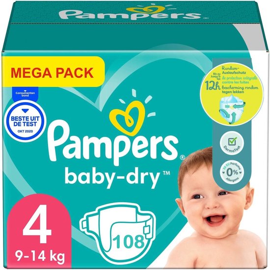 Pampers - Baby Dry - Maat 4 - Mega Pack - 108 luiers - 9/14 KG