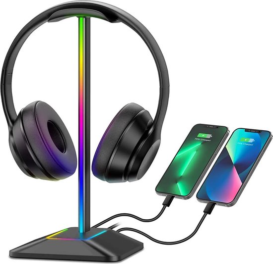 RGB Gaming Koptelefoon Standaard - 1xUSB-C & 1xUSB Poorten - 7 Verlichtingmodi - Aluminium + TPU - Universeel