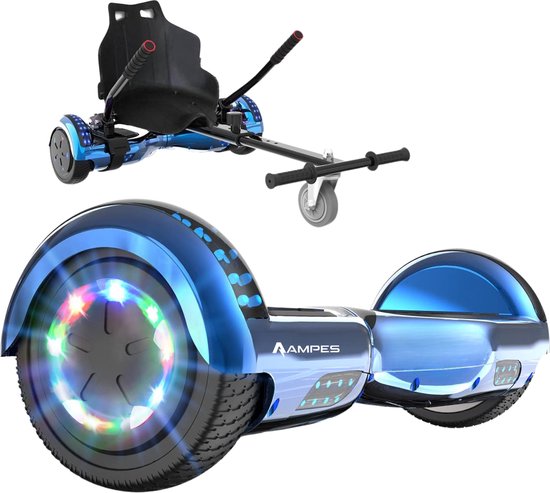 Ampes Hoverboard - Bluetooth Speaker - 24V 4.0 Ah Accu - Oxboard - 12 km/h - UL2272 Gecertificeerd - LED Verlichting - Anti lek banden - Belastbaar tot 120KG - 6.5 Inch - Inclusief Draagtas - 700W Wielen - Chroom Blauw + Hoverkart
