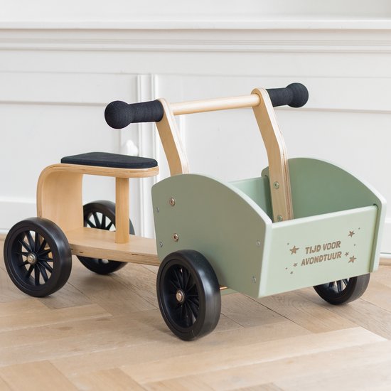 Houten Kinder Bakfiets - Kinderfiets met Gravure "Tijd voor Avontuur" - Mini Loop Kinder en Peuter Fiets